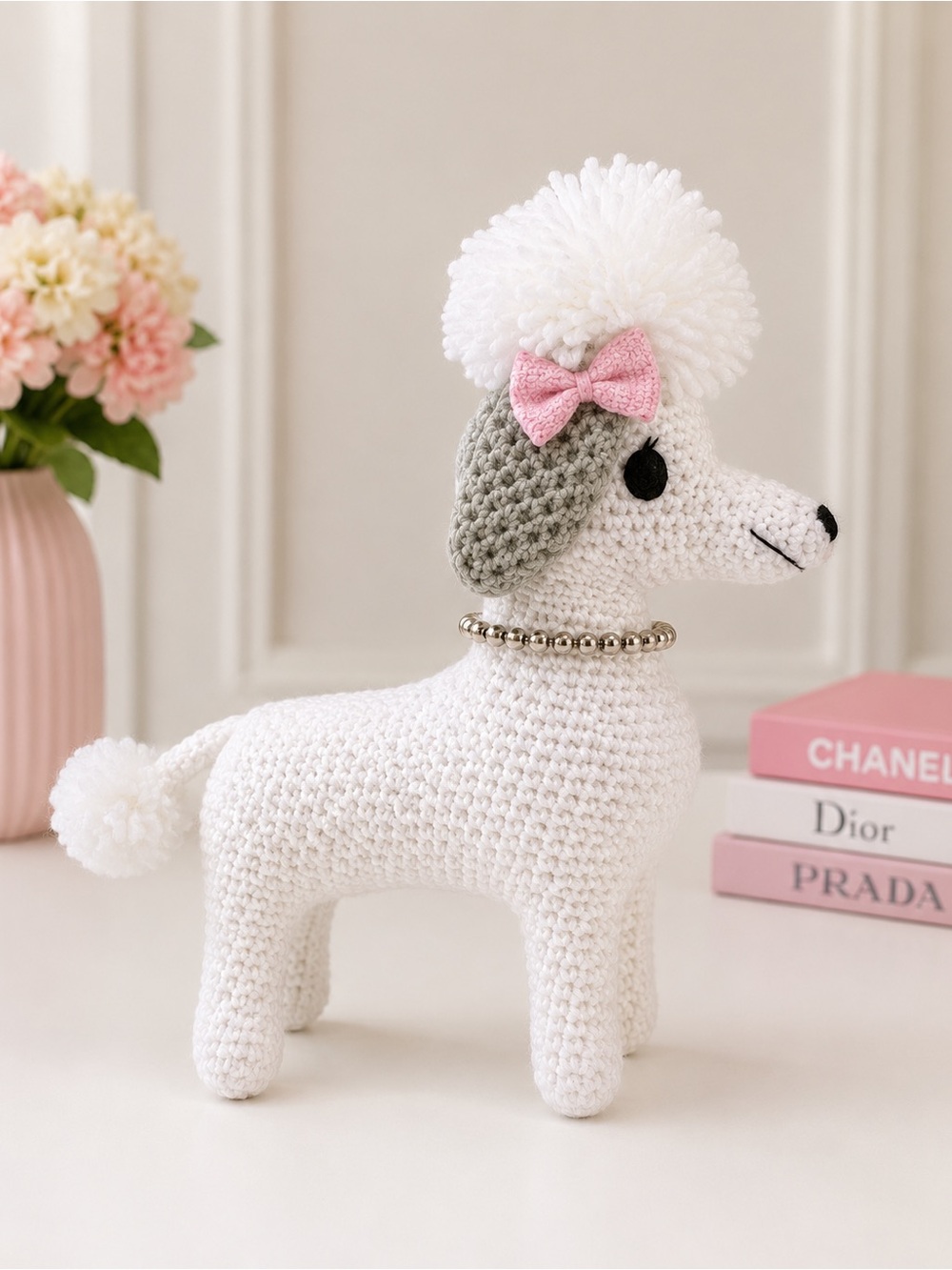 White and Gray Poodle Plush‎ Toy with Pink Bow